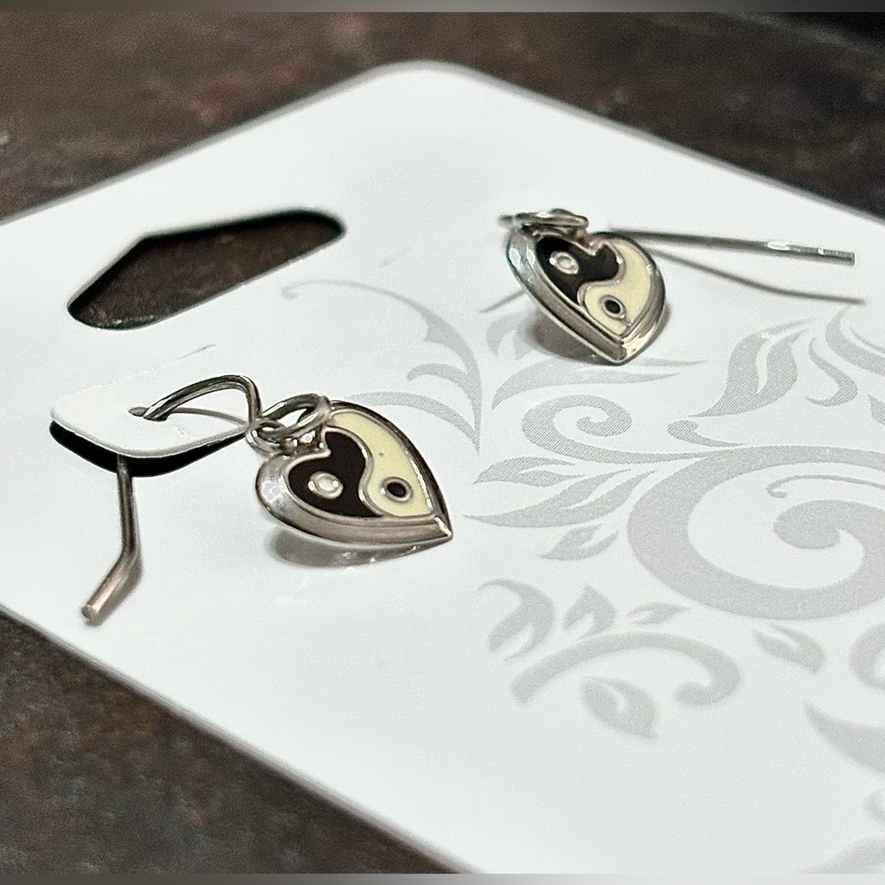 Handcrafted Silver Yin Yang Heart Drop Earrings